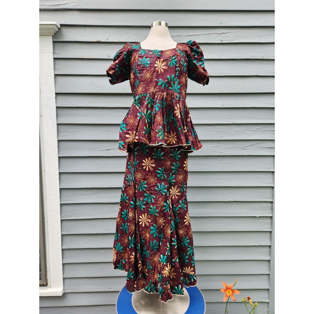Handmade 2 Piece Skirt Set Burgundy Teal Floral Wax Print Peplum Maxi Size L